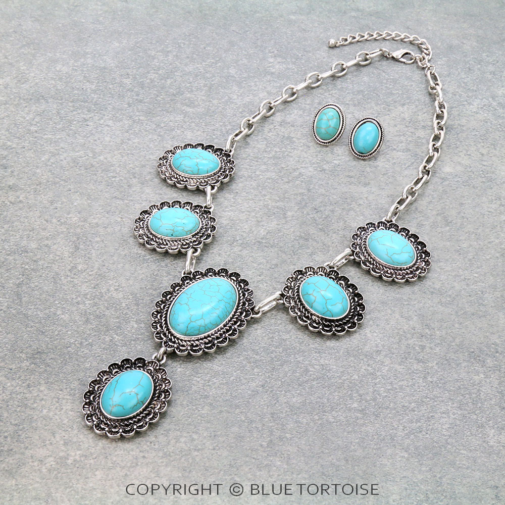 Western Oval Stone Statement Necklace Set