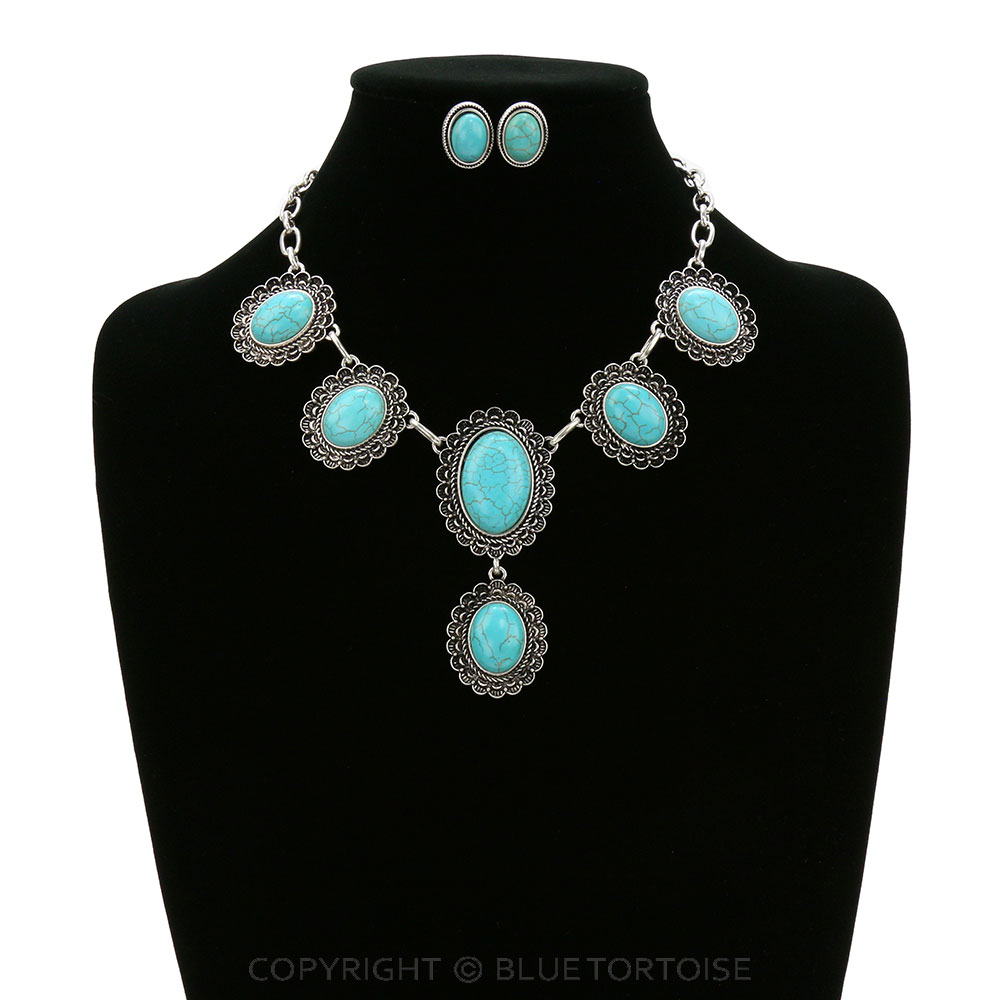 Western Oval Stone Statement Necklace Set - Image 2