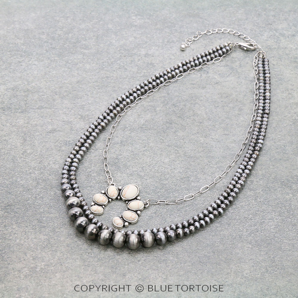 3 Row Navajo Style Pearl with Squash Blossom Necklace