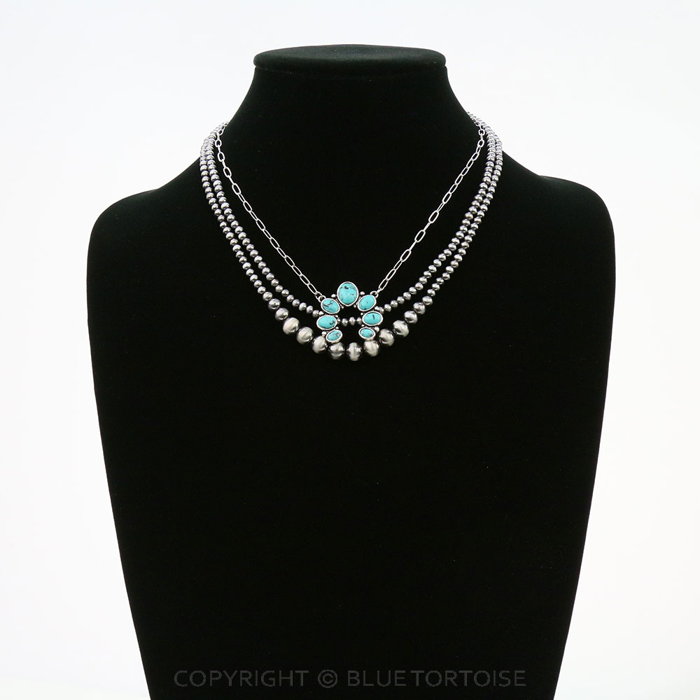 3 Row Navajo Style Pearl with Squash Blossom Necklace - Image 2
