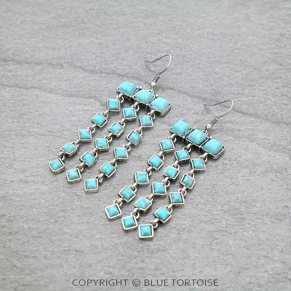 Western Square Stone Fringe Dangle Earrings