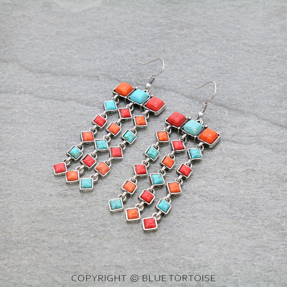 Western Square Stone Fringe Dangle Earrings