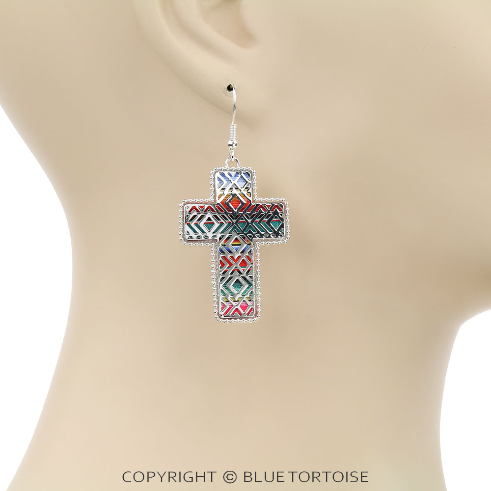 Cross Aztec Cutout Dangle Earrings - Image 2