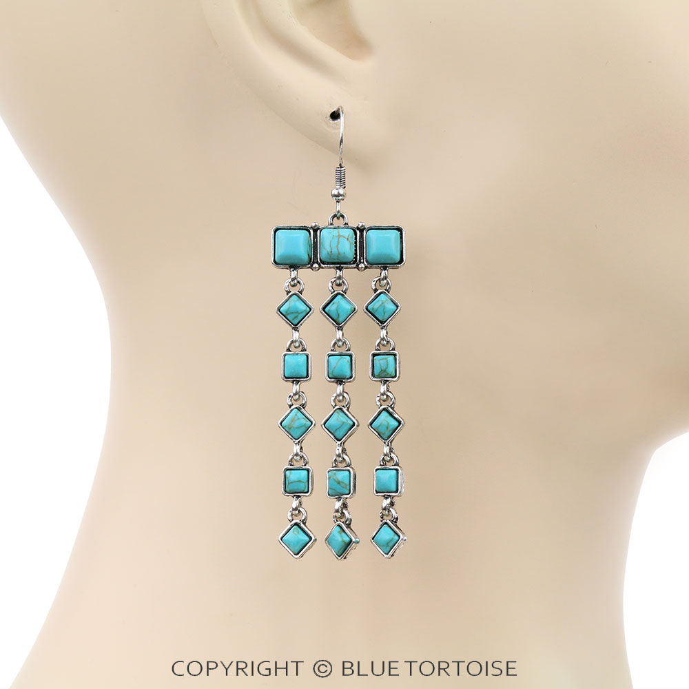 Western Square Stone Fringe Dangle Earrings - Image 2