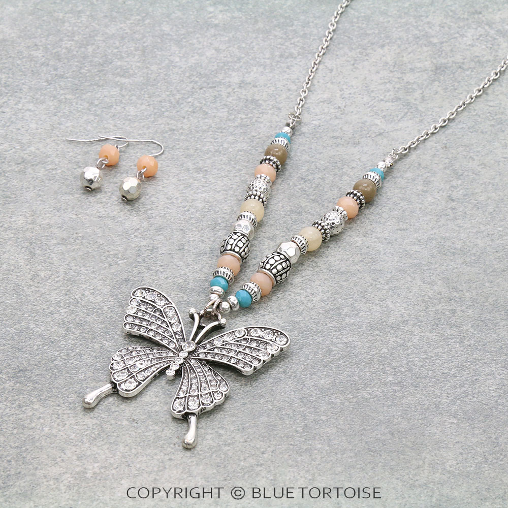 Butterfly Pendant with Multi Bead Necklace Set