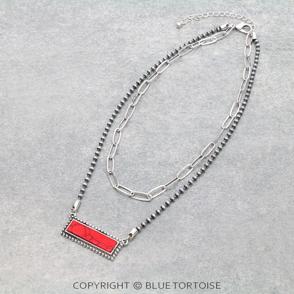 2 Row Navajo Style Pearl with Stone Bar Necklace