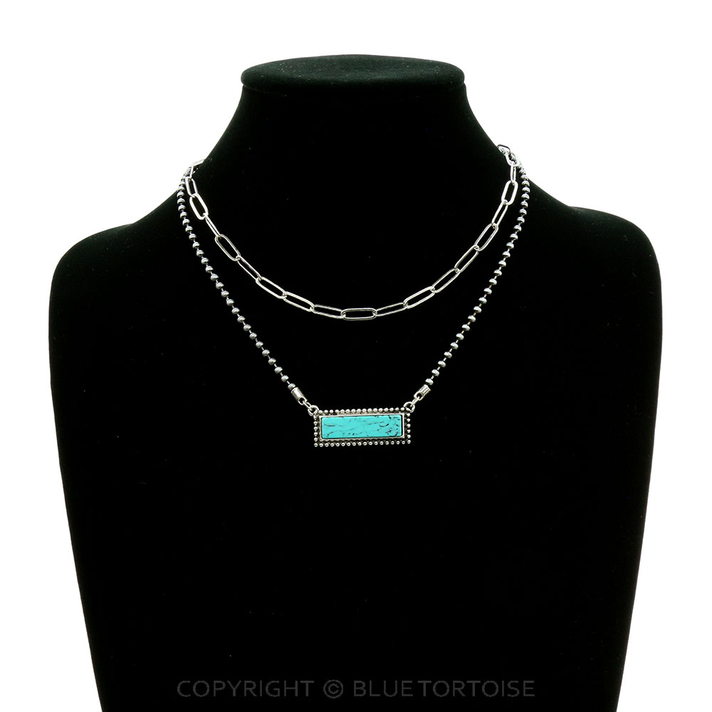 2 Row Navajo Style Pearl with Stone Bar Necklace - Image 2