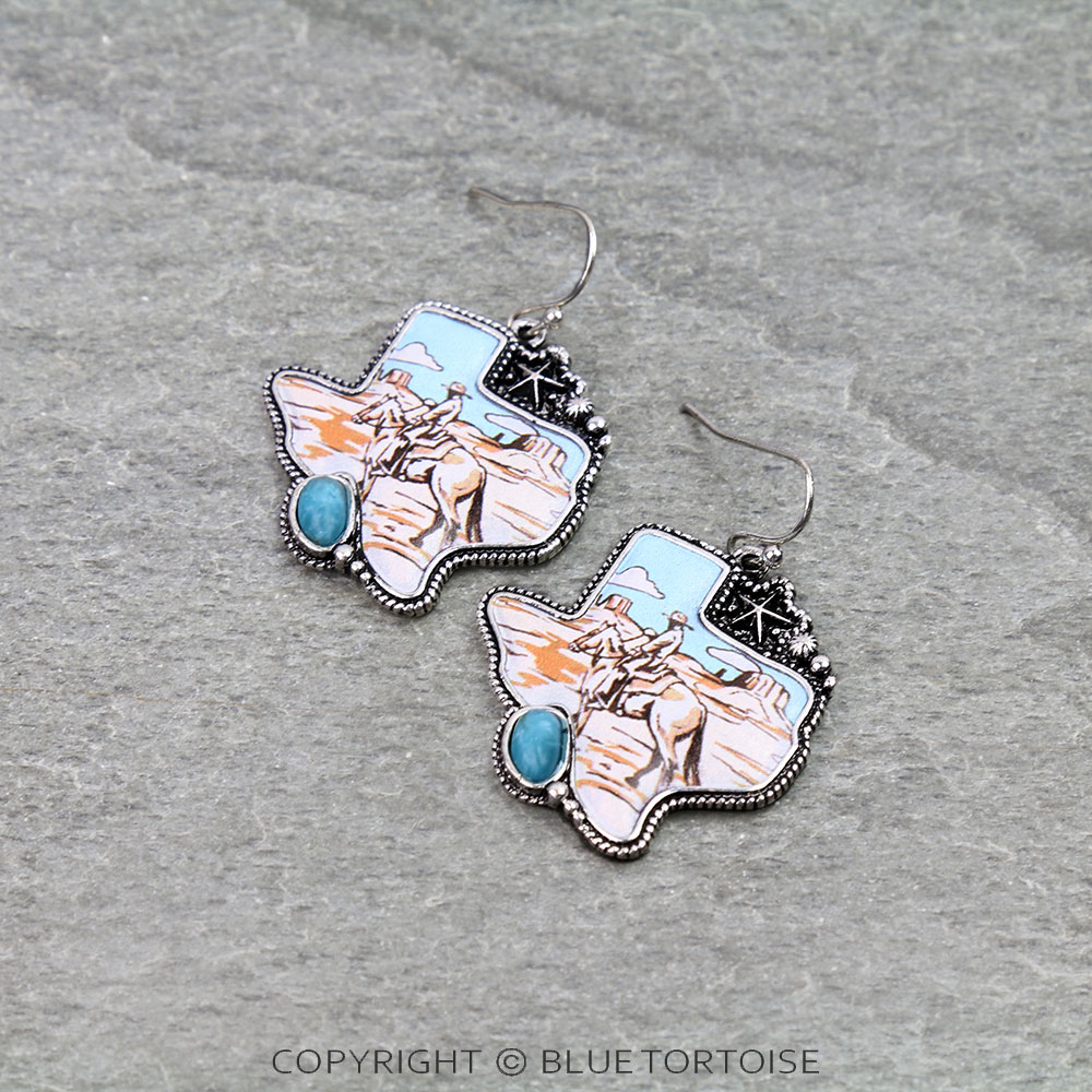 Western Cowboy Print Texas Map Dangle Earrings