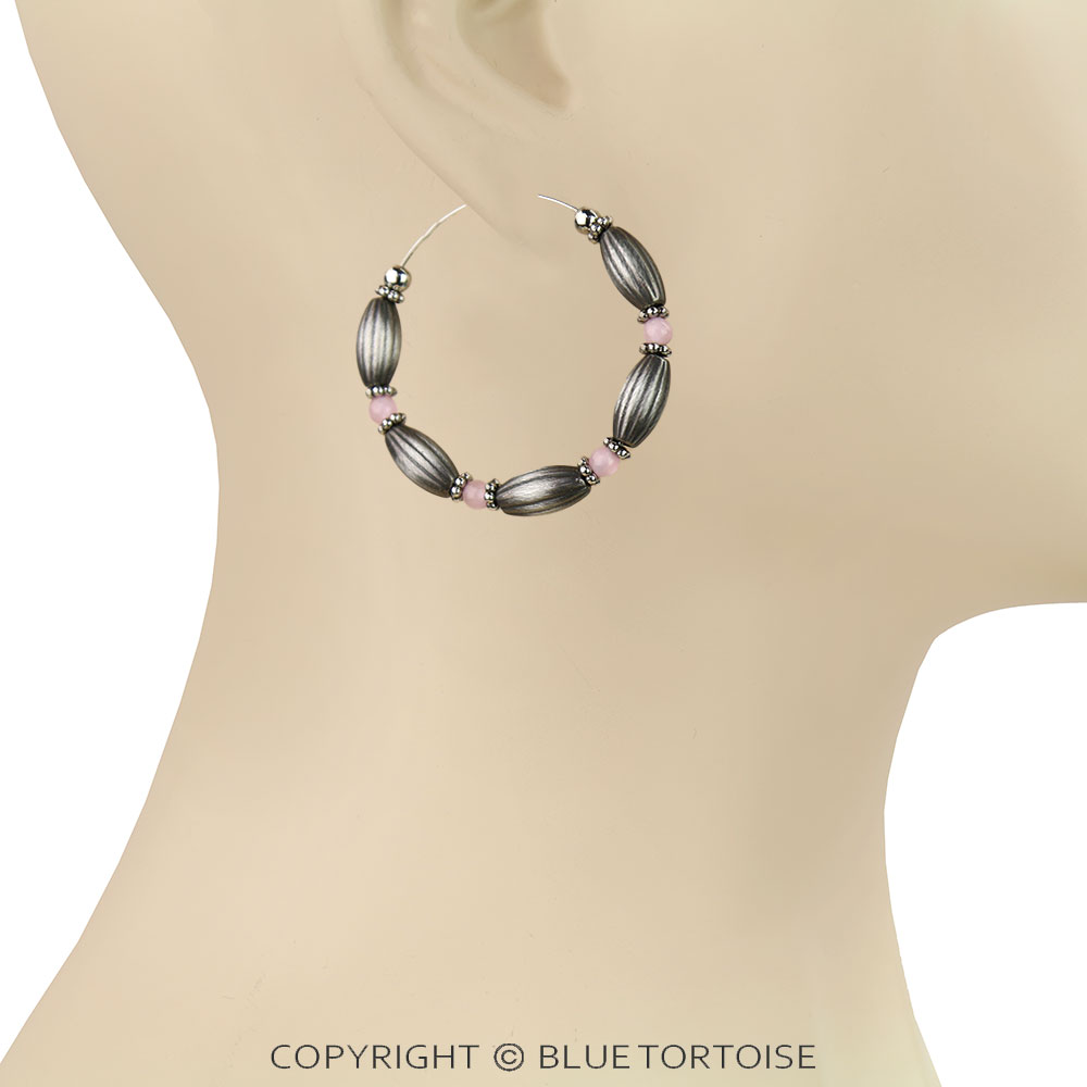 1.75" Navajo Style Pearl and Bead Hoop Earrings - Image 2