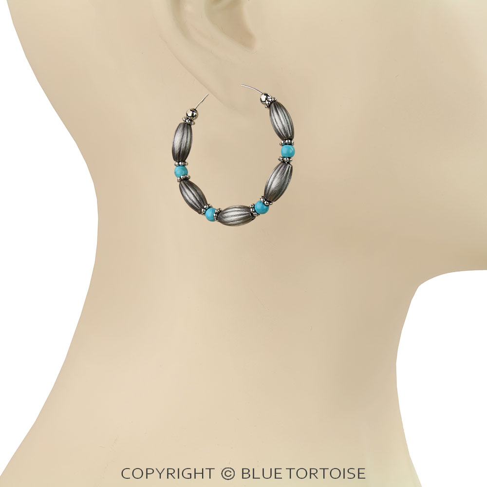 1.75" Navajo Style Pearl and Bead Hoop Earrings - Image 2