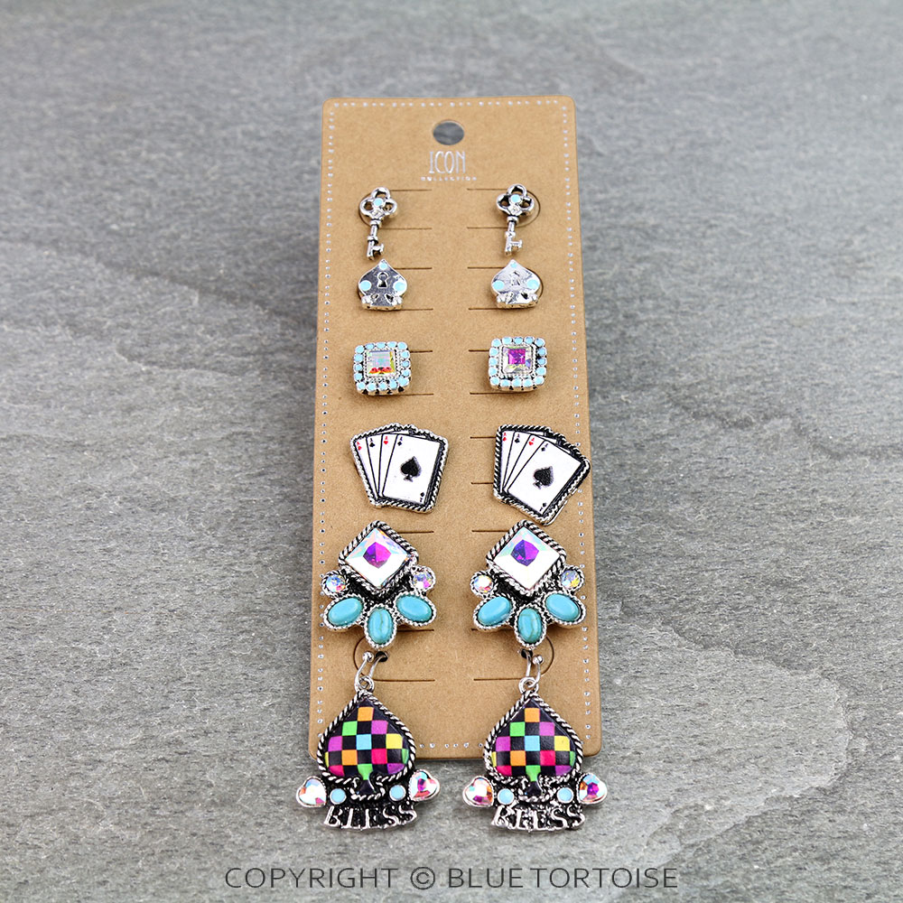 6 Pair Western Gamble Theme Stud Earring Set