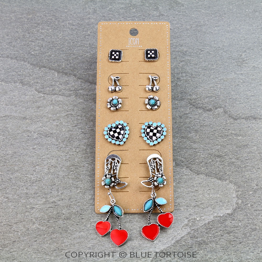 6 Pair Western Gamble Theme Stud Earring Set