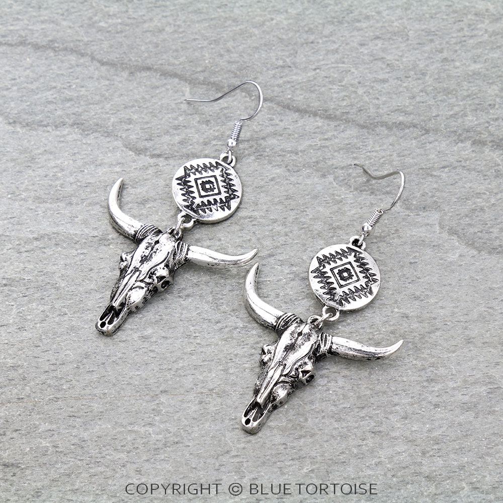Western Steer Skull & Aztec Dangle Earrings
