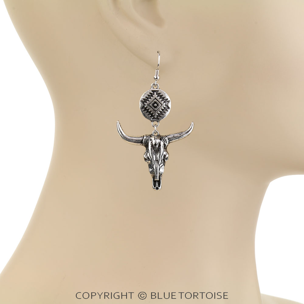 Western Steer Skull & Aztec Dangle Earrings - Image 2