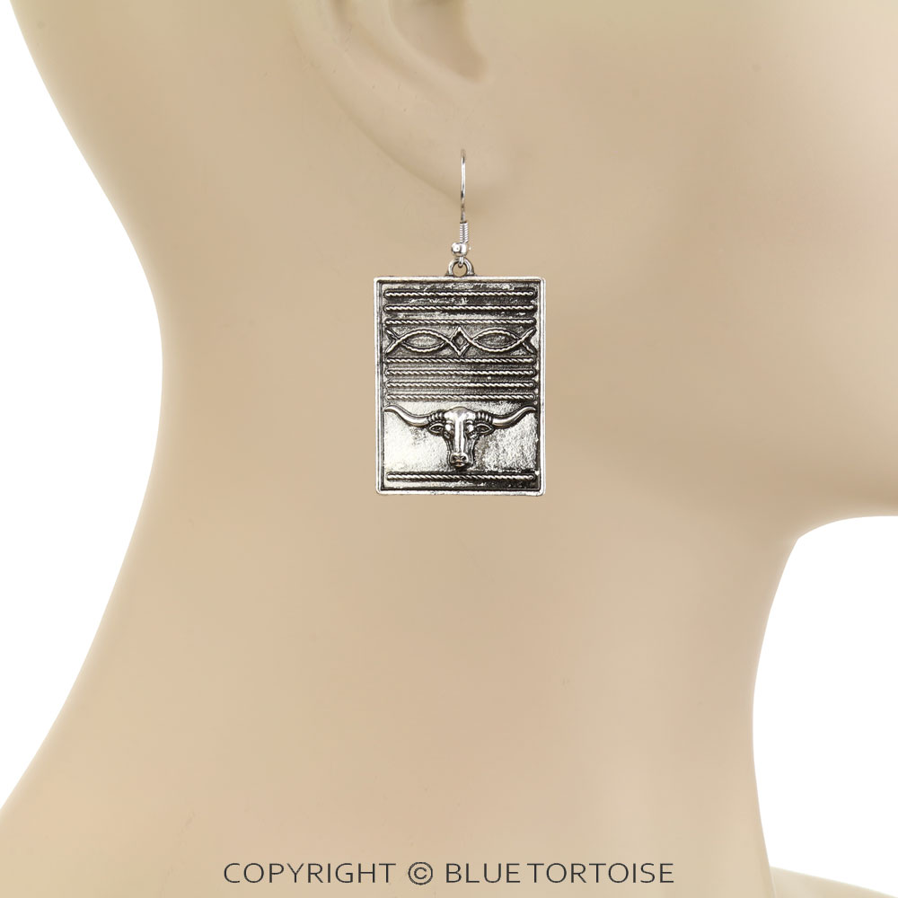Western Steer Head Boot Stitch Dangle Earrings - Image 2
