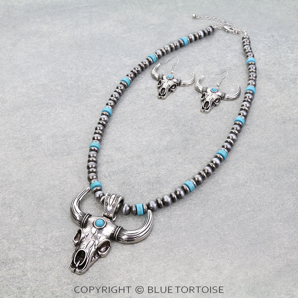 Western Steer Skull Pendant Necklace Set