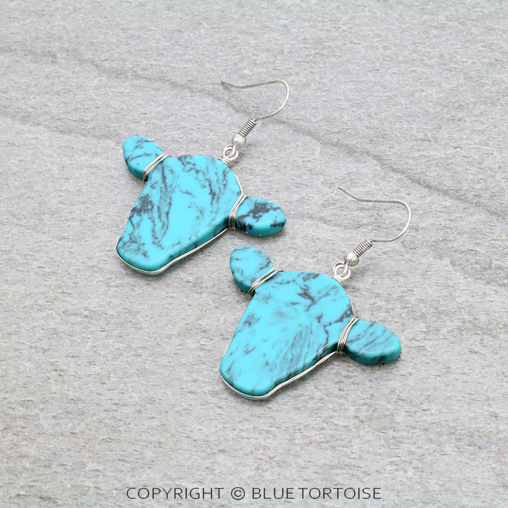 1.25" Western Cow Head Stone Dangle Earrings