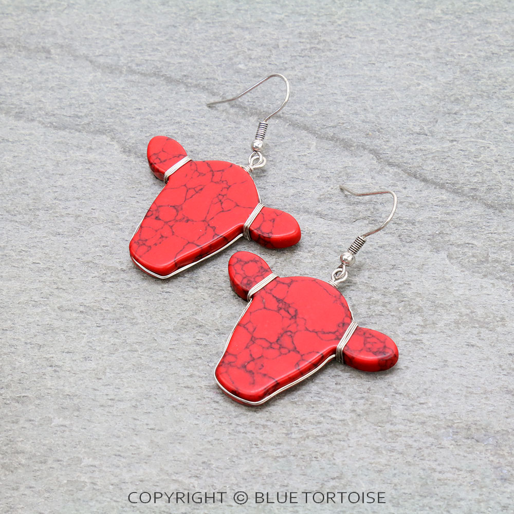 1.25" Western Cow Head Stone Dangle Earrings