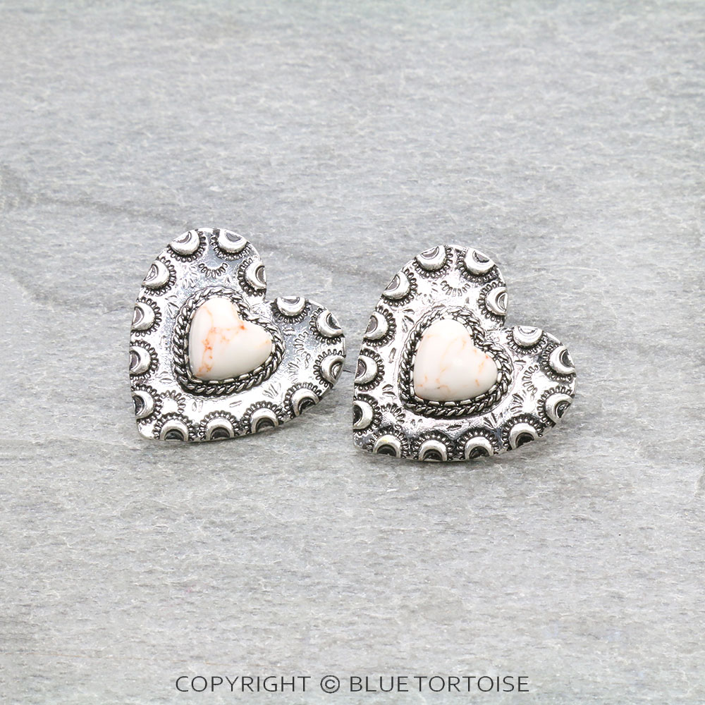 Western Heart Casting Stone Stud Earrings