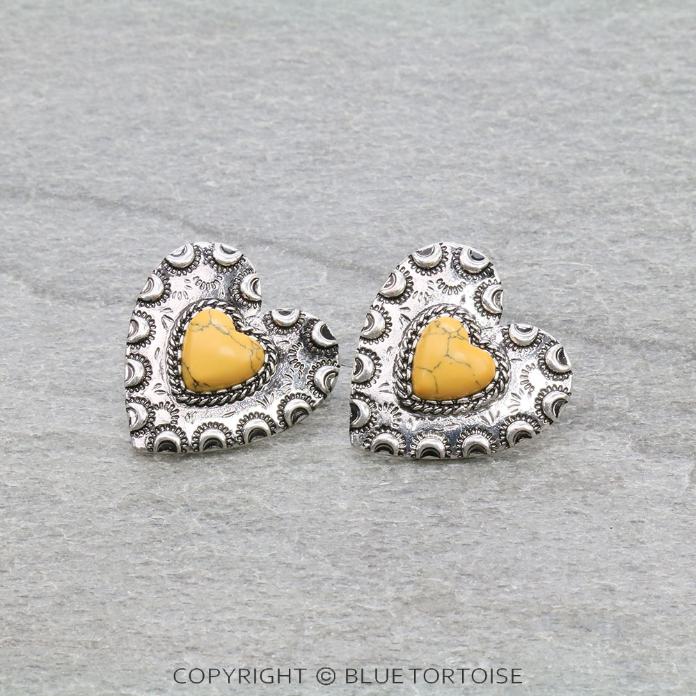 Western Heart Casting Stone Stud Earrings