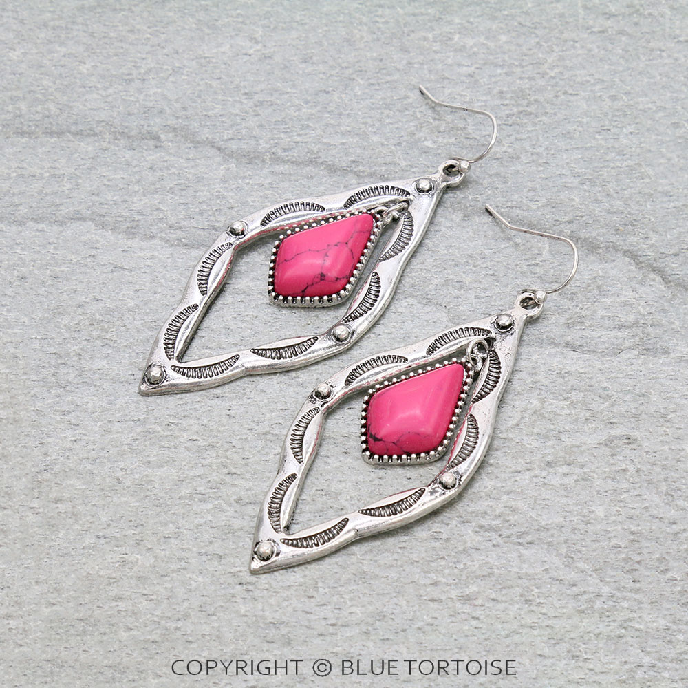 Western Diamond Shape Stone Dangle Earrings