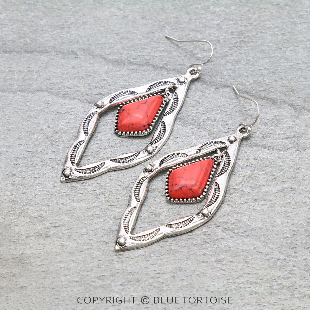 Western Diamond Shape Stone Dangle Earrings
