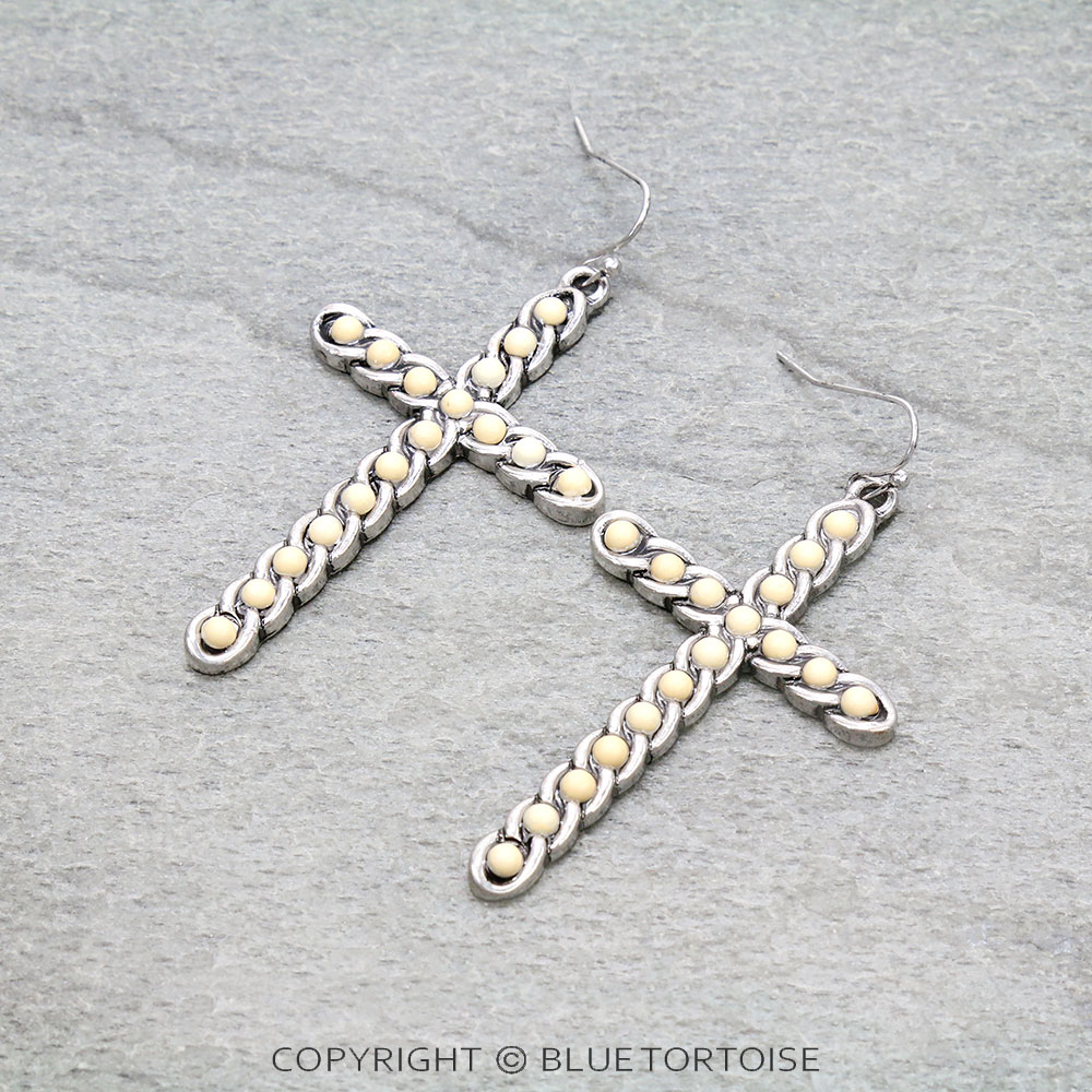 Western Chain Cross Stone Dangle Earrings