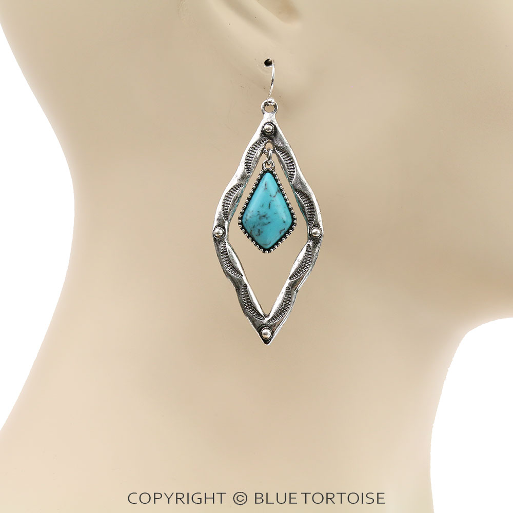 Western Diamond Shape Stone Dangle Earrings - Image 2