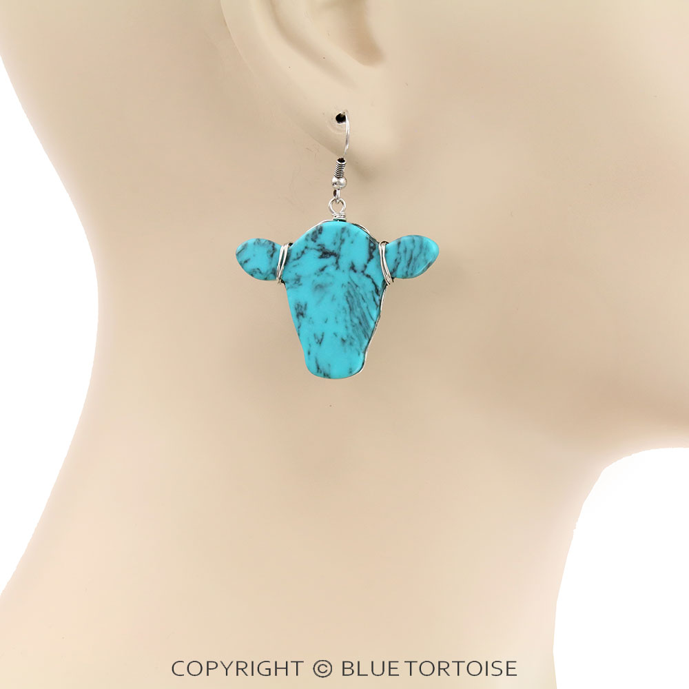 1.25" Western Cow Head Stone Dangle Earrings - Image 2