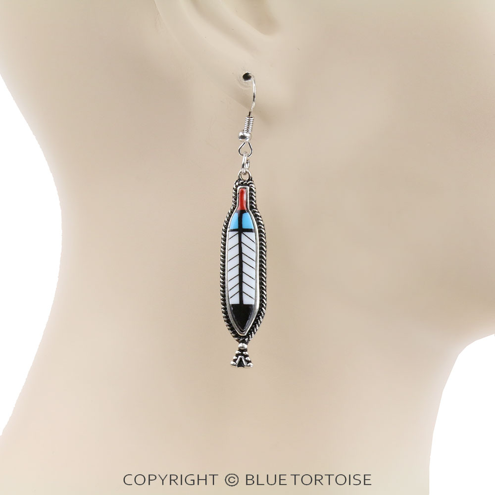 Western Tribal Design Feather Dangle Earrings - Image 2
