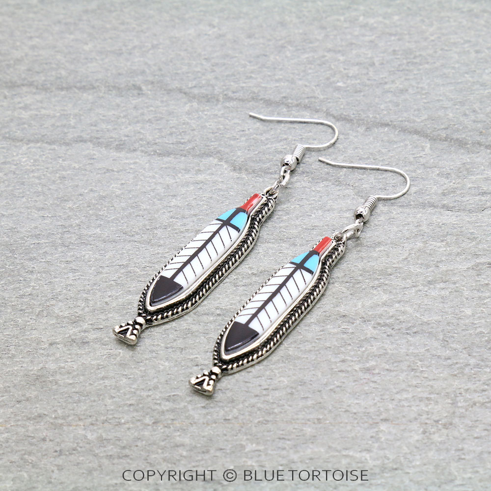 Western Tribal Design Feather Dangle Earrings