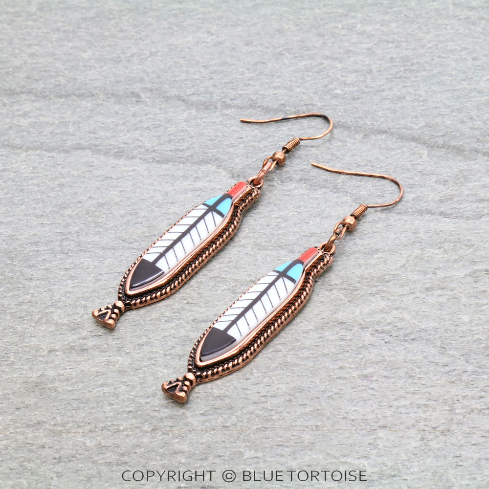 Western Tribal Design Feather Dangle Earrings