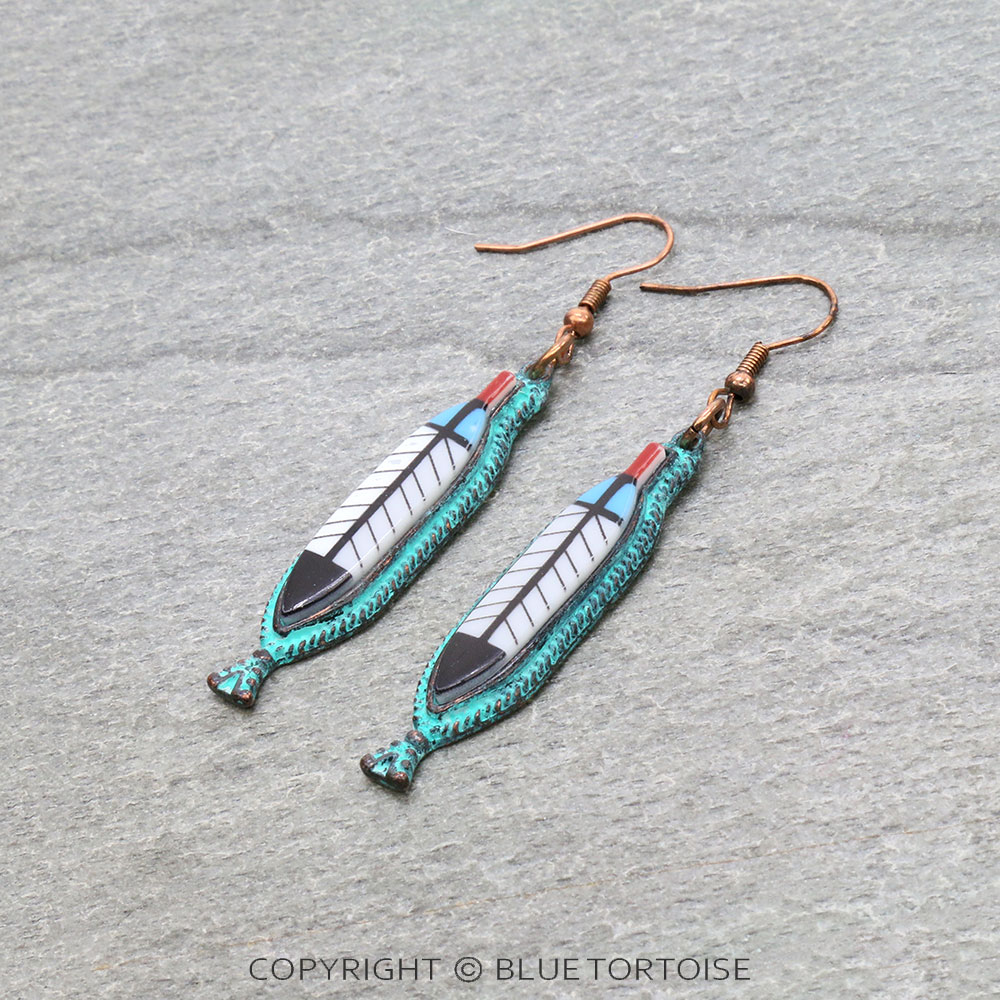 Western Tribal Design Feather Dangle Earrings