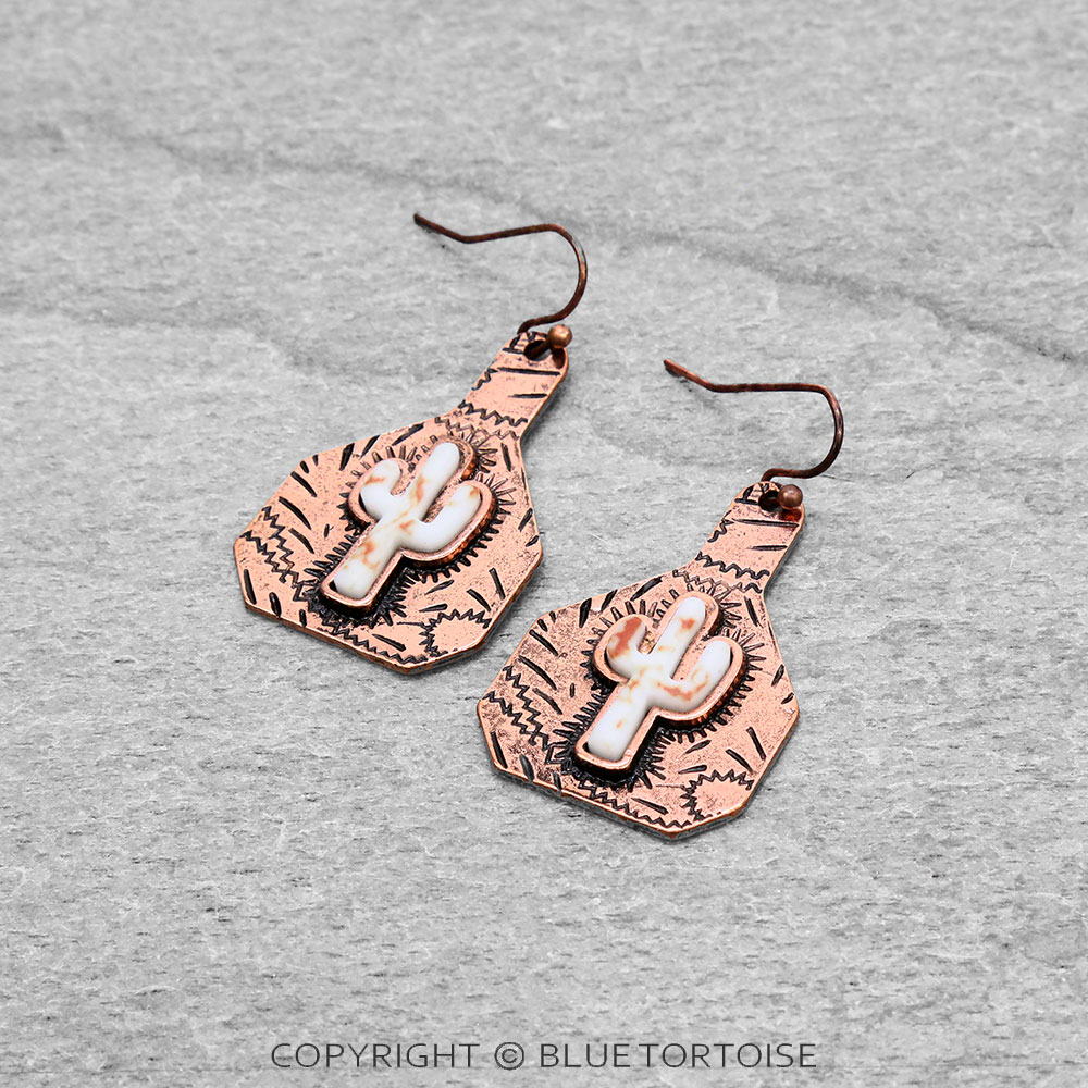 Cattle Tag Cactus Dangle Earrings