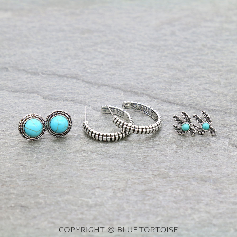 3 Pair Western Cactus Earring Set