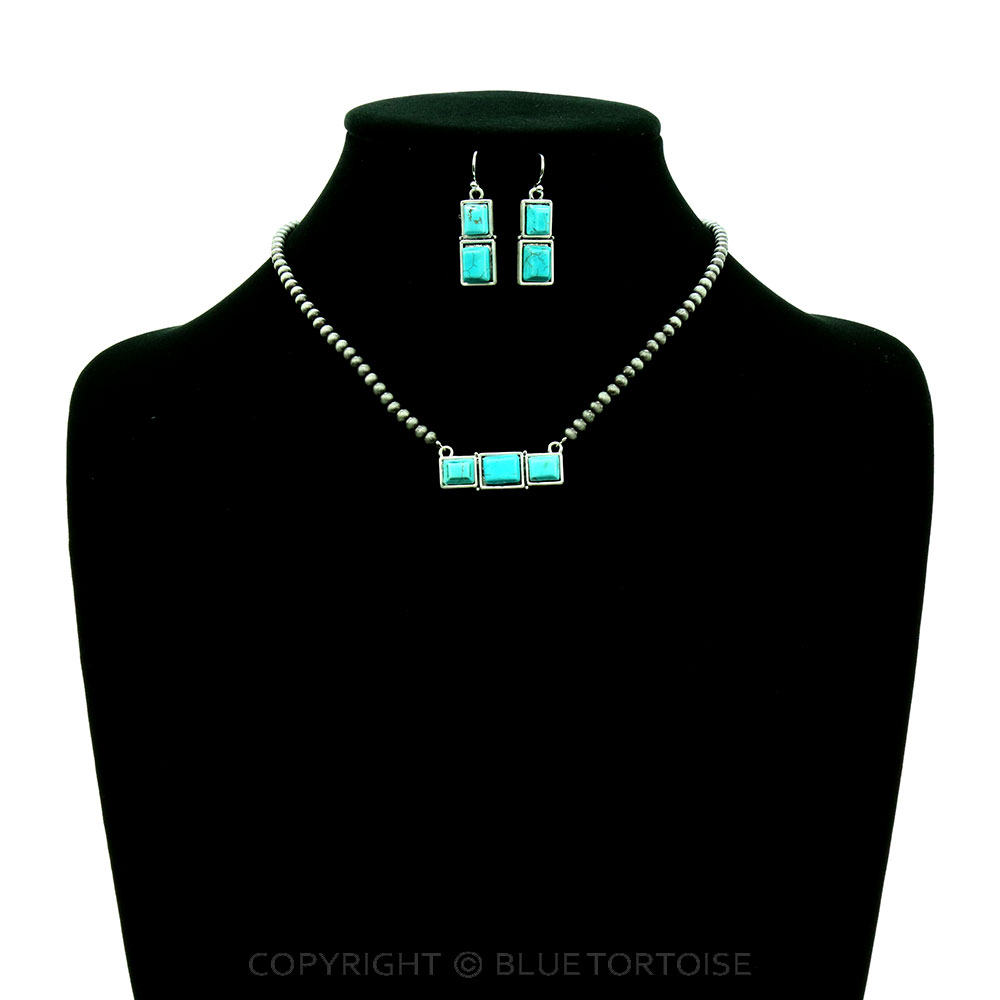 15" Long, Tiny 4mm Navajo Style Pearl Necklace, Bar Natural Stone Pendant & Earrings - Image 2