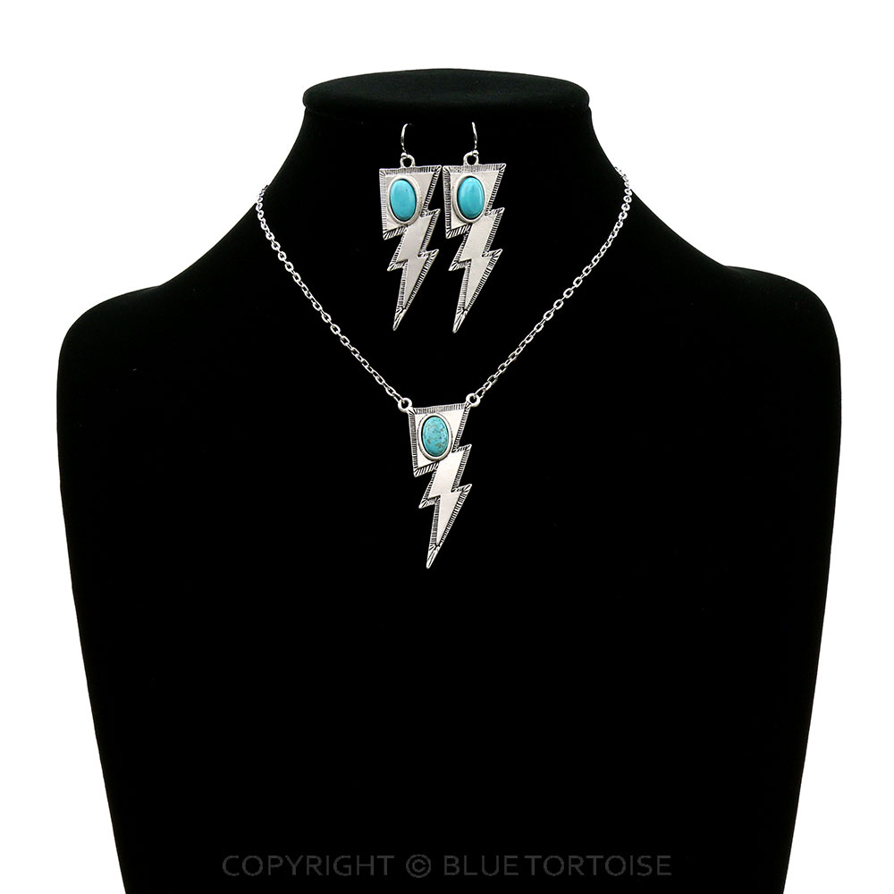 15" Long, Small Cable Chain Necklace, Bolt Oval Shaped Natural Stone Pendant & Earrings - Image 2