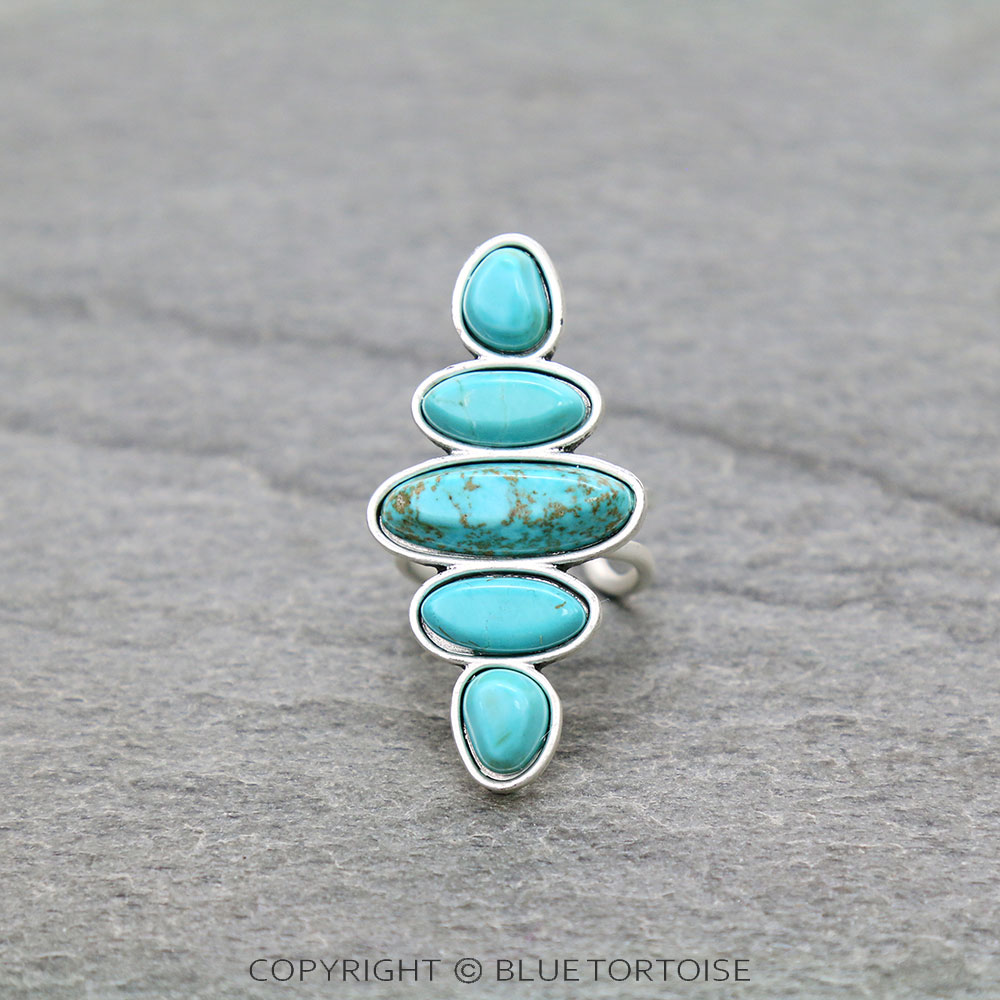 1.8" Long, Big! Natural Stone Adjustable Ring, Bronze Double Band