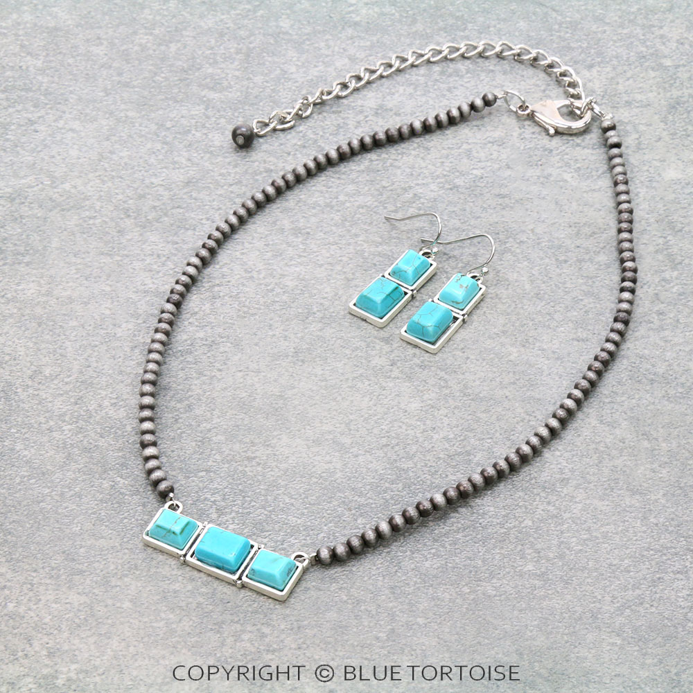 15" Long, Tiny 4mm Navajo Style Pearl Necklace, Bar Natural Stone Pendant & Earrings