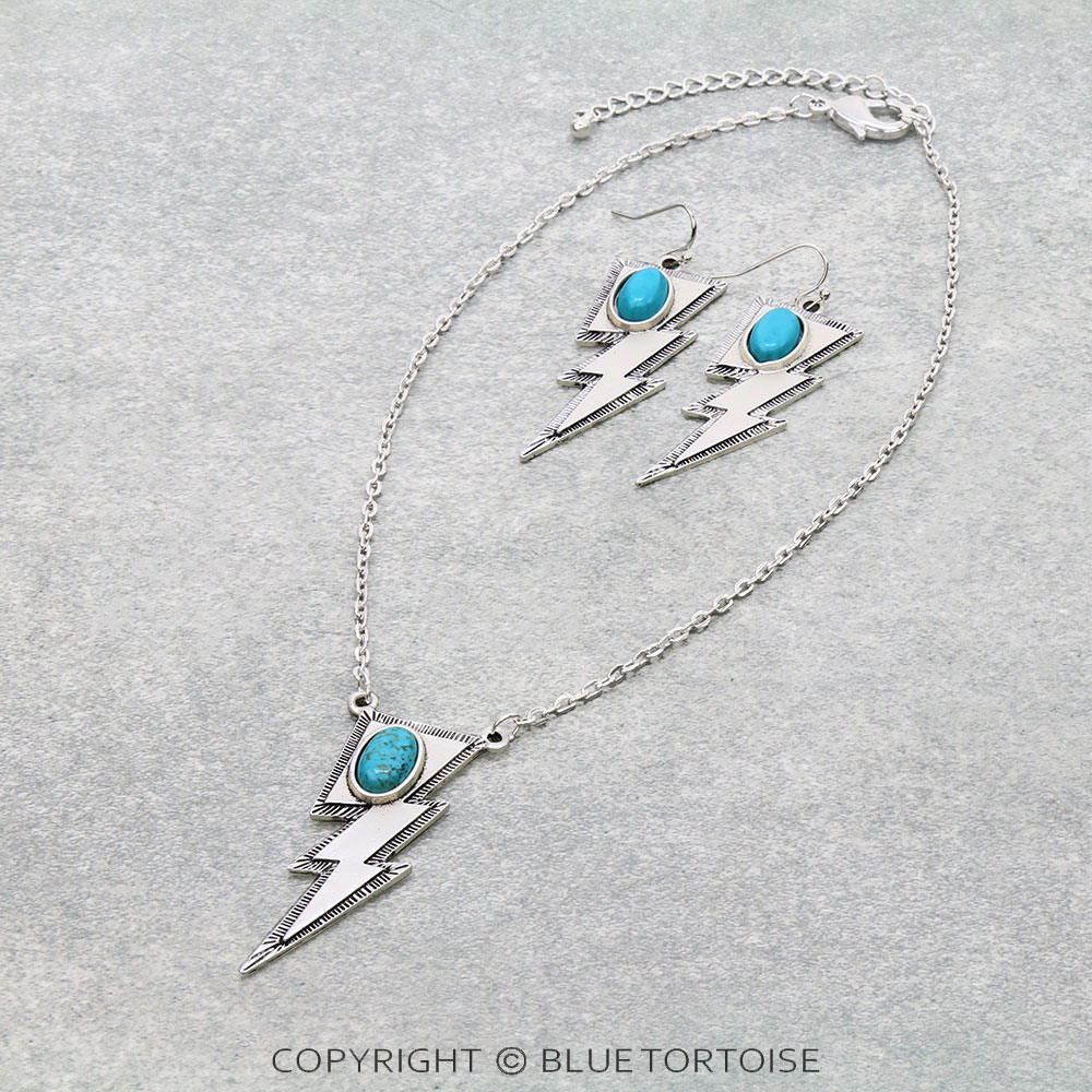 15" Long, Small Cable Chain Necklace, Bolt Oval Shaped Natural Stone Pendant & Earrings