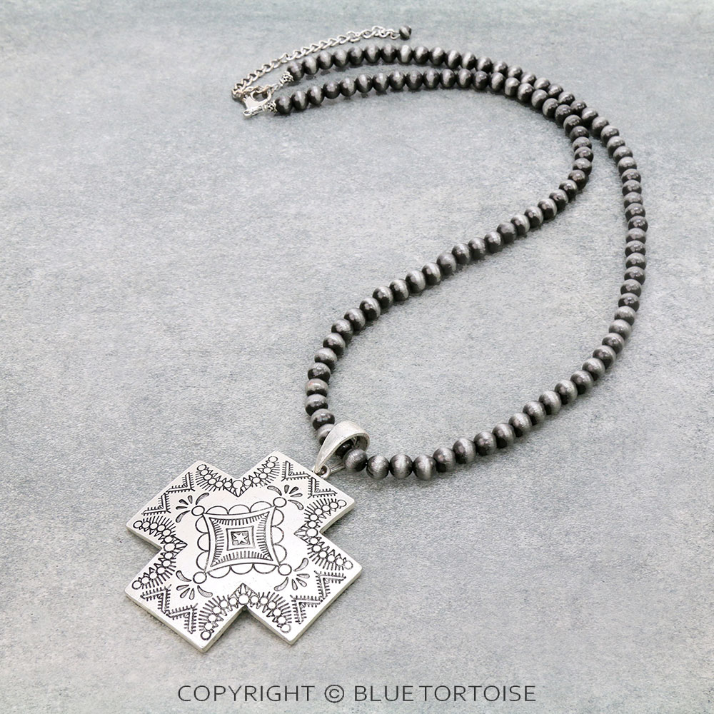 30" Long, 8mm Navajo Style Peral Necklace, Aztec Pendant