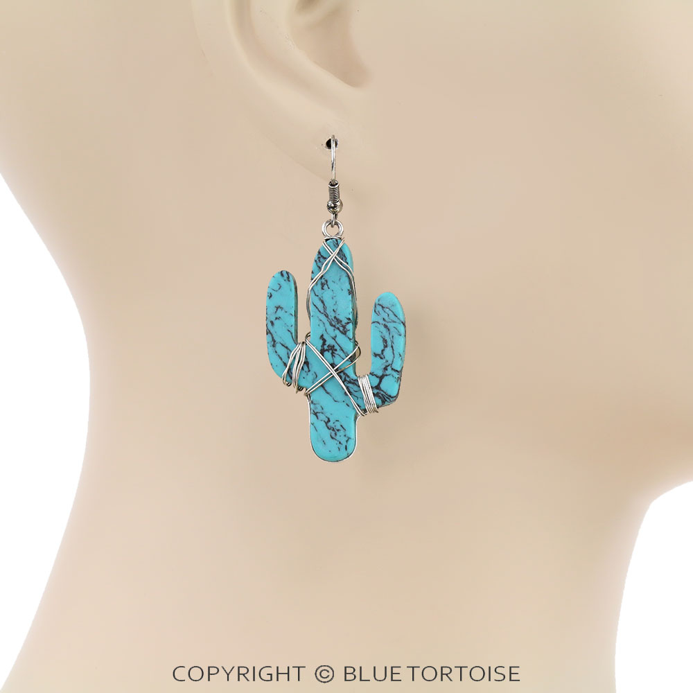 1.75" Western Cactus Stone Dangle Earrings - Image 2