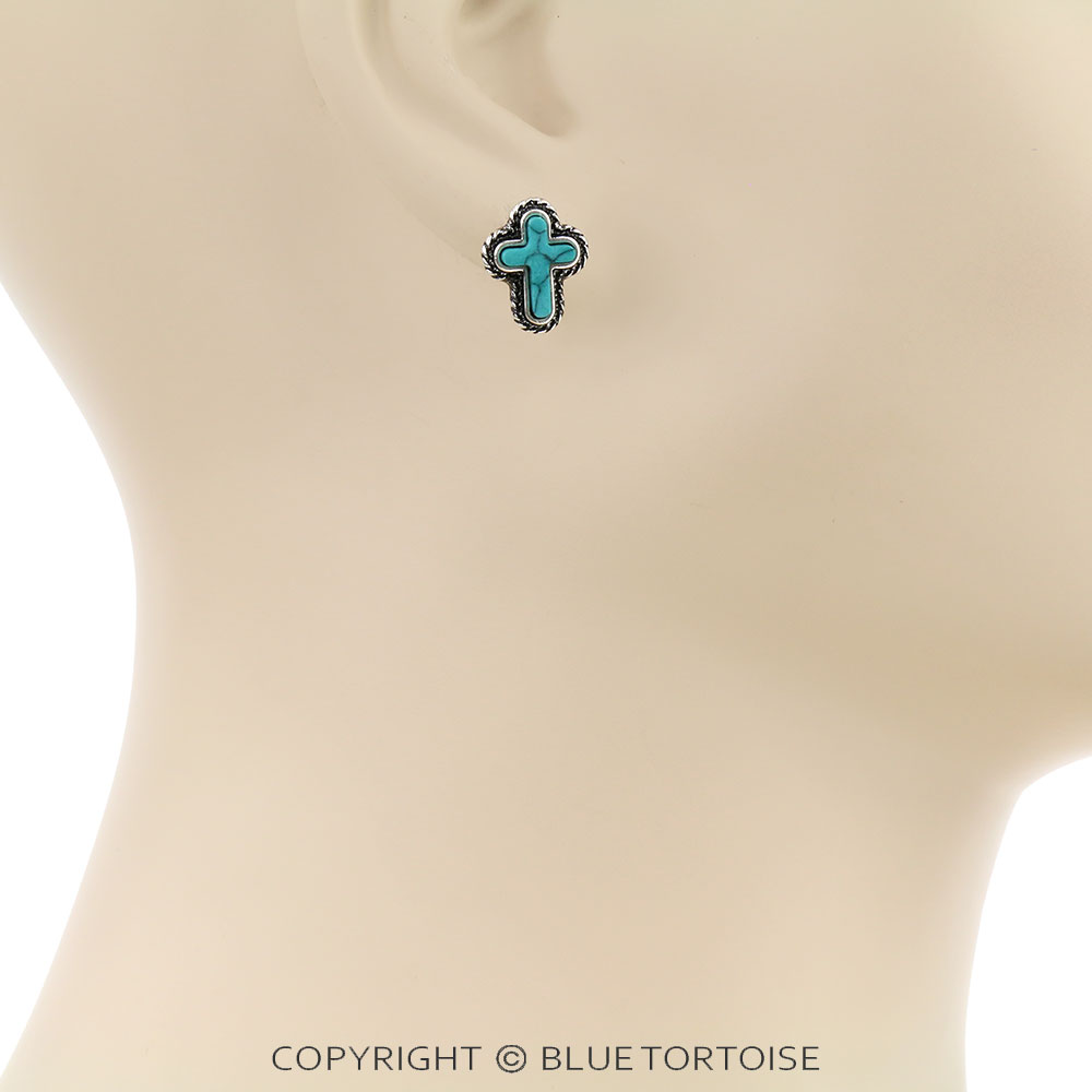 Western Hand Craft Stone Cross Stud Earrings - Image 2