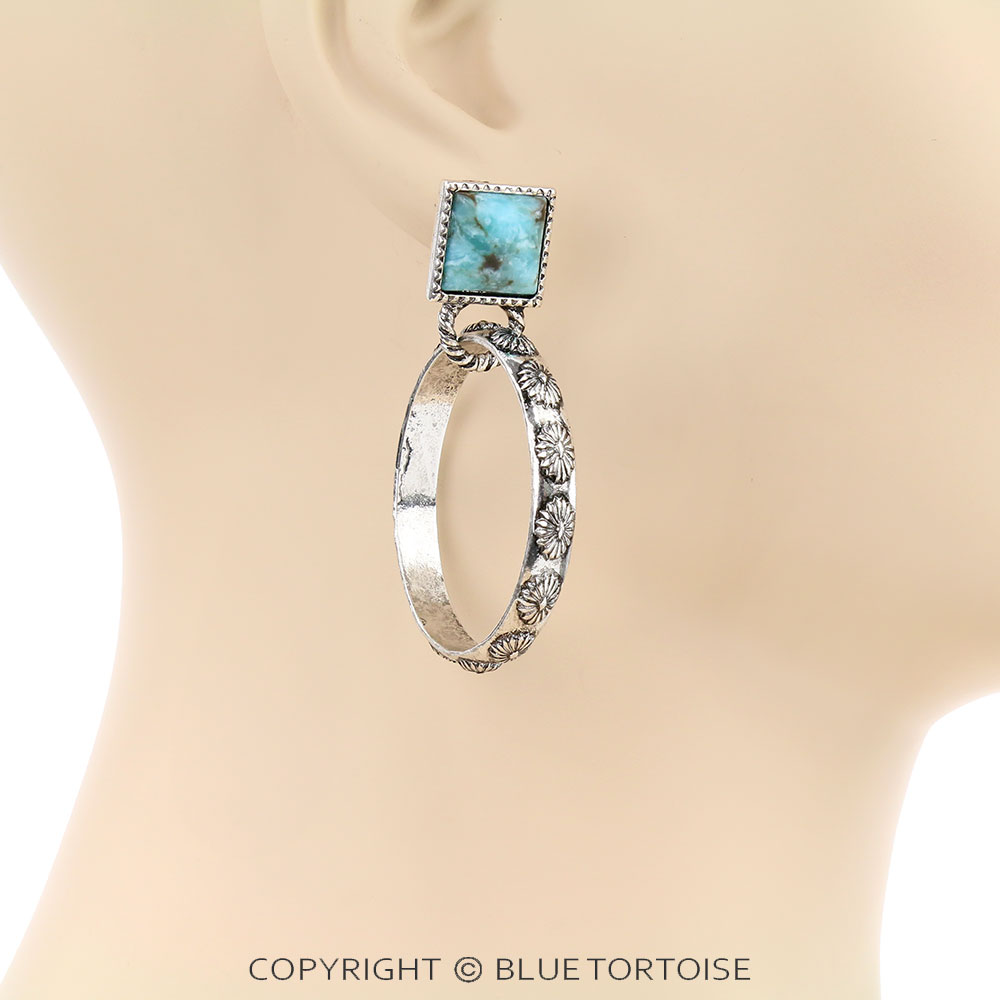 Western Square Stone with Concho Hoop Stud Earrings - Image 2
