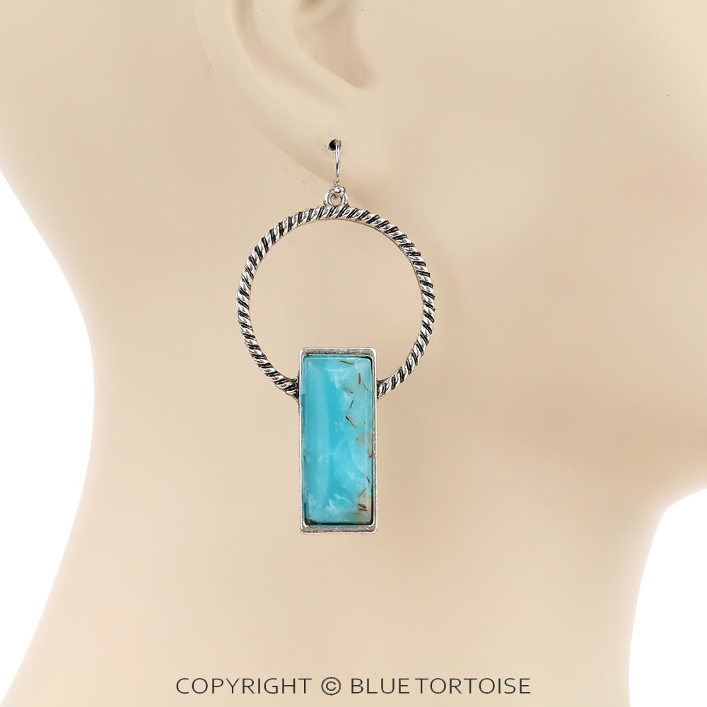 Rectangle Stone Hoop Dangle Earrings - Image 2