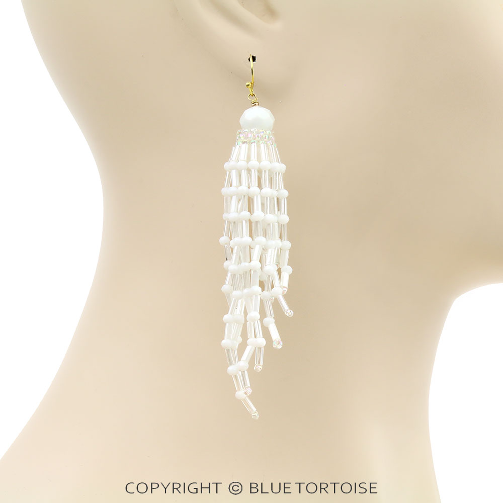 Seed Bead with Glass Bead Fringe Dangle Earrings - Image 2