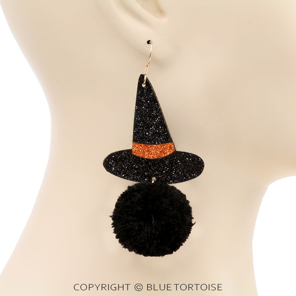 Halloween Glitter Witch Hat with Pom Pom Dangle Earrings - Image 2