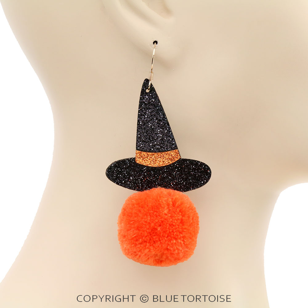 Halloween Glitter Witch Hat with Pom Pom Dangle Earrings - Image 2
