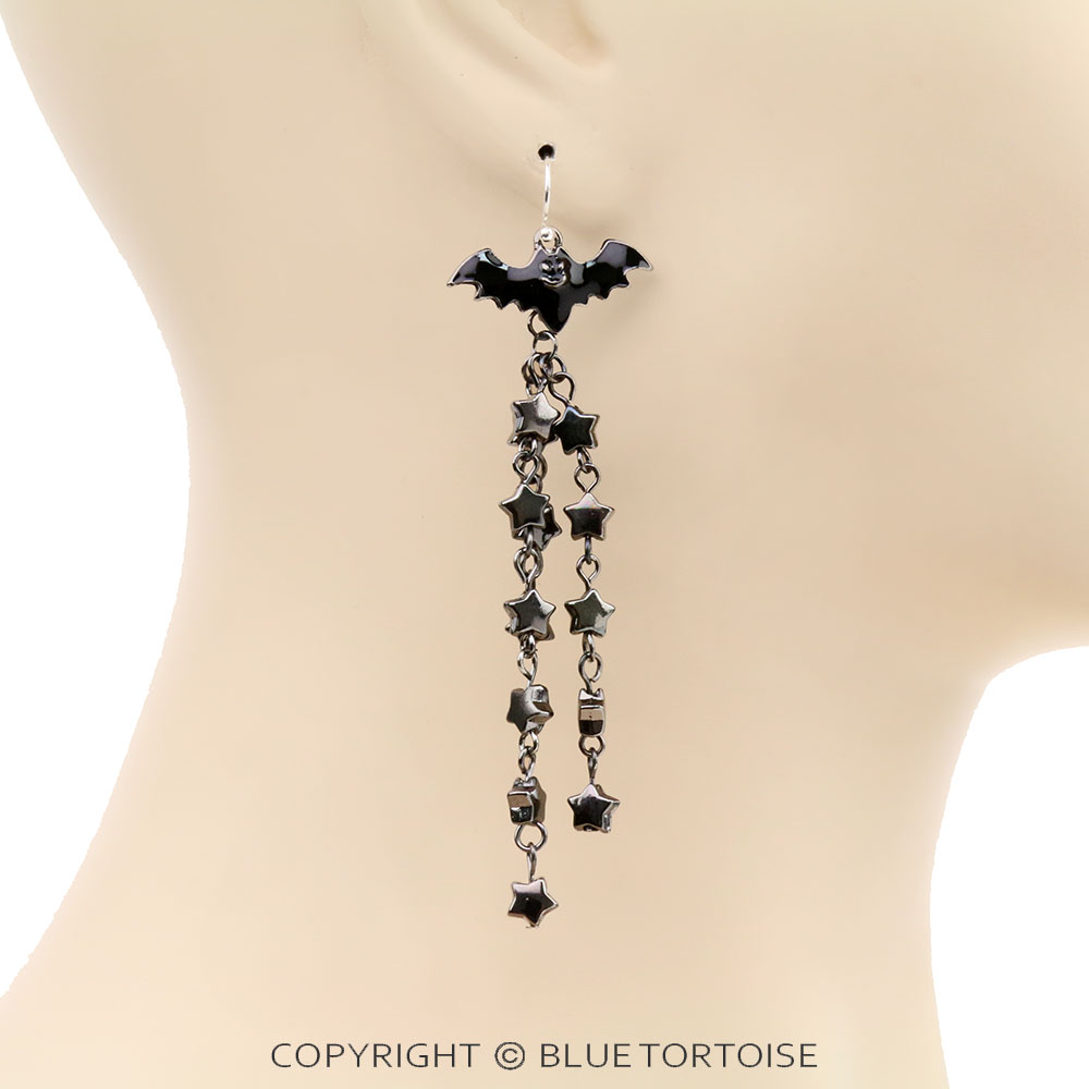 Halloween Epoxy Bat with Star Drop Dangle Earrings - Image 2
