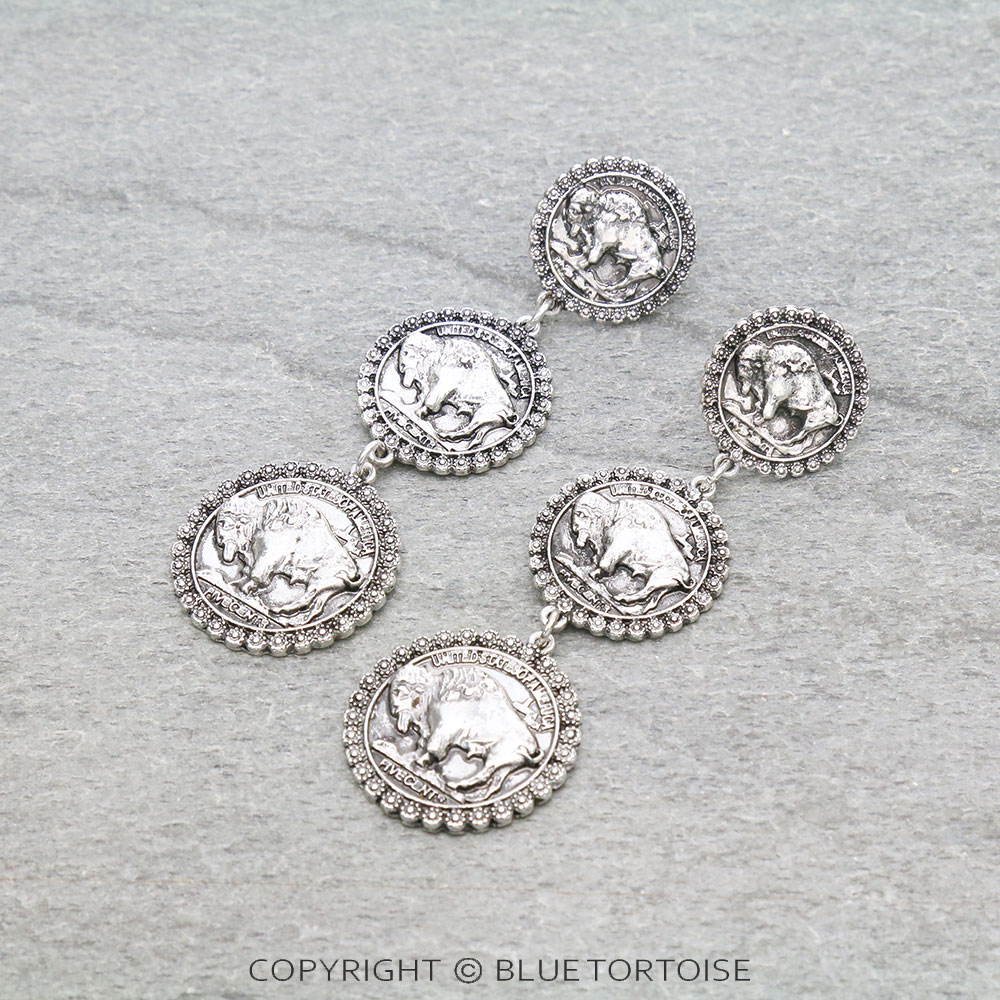 Western Buffalo Coin Drop Stud Earrings